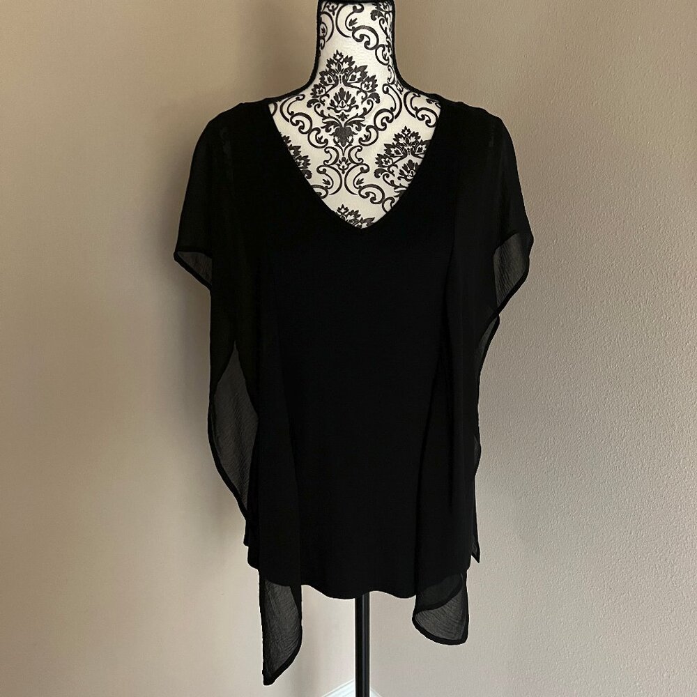 Cha Cha Vente Flutter Sleeve Knit Chiffon Top Blouse - Size L - Black